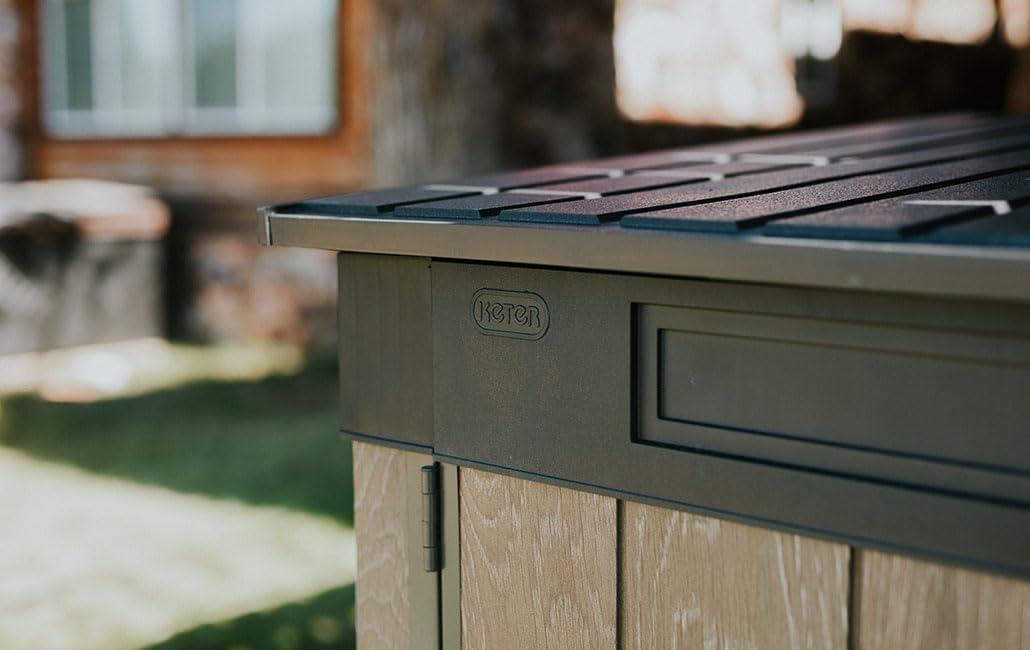 Keter Signature Horizontal Garden Shed Weatherproof 2020L Storage Lockable with Gas Struts Walnut Look 75" x 43" x 52"