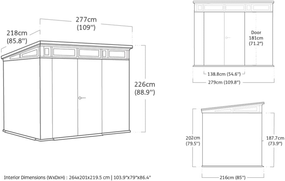 Keter Cortina 9x7 Gerätehaus mit Boden, wetterfest und UV-beständig, doppelwandig mit Stahlrahmen, Pultdach und Belüftung, 279 x 218 cm, grau