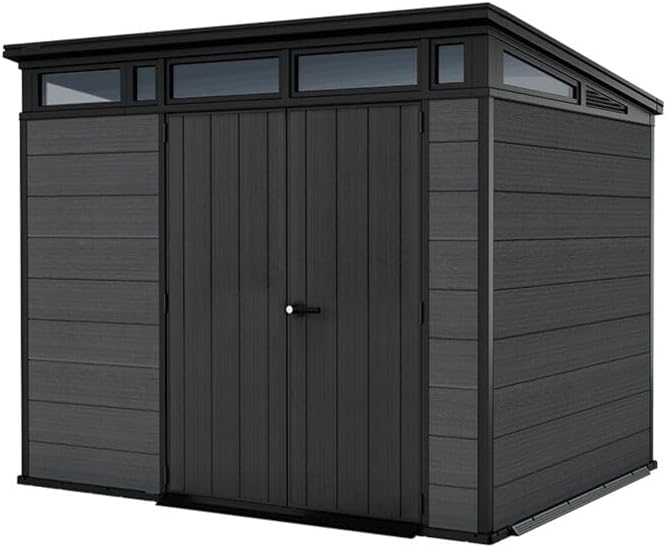 Keter Cortina 9x7 Gerätehaus mit Boden, wetterfest und UV-beständig, doppelwandig mit Stahlrahmen, Pultdach und Belüftung, 279 x 218 cm, grau
