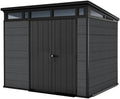 Keter Cortina 9x7 Gerätehaus mit Boden, wetterfest und UV-beständig, doppelwandig mit Stahlrahmen, Pultdach und Belüftung, 279 x 218 cm, grau