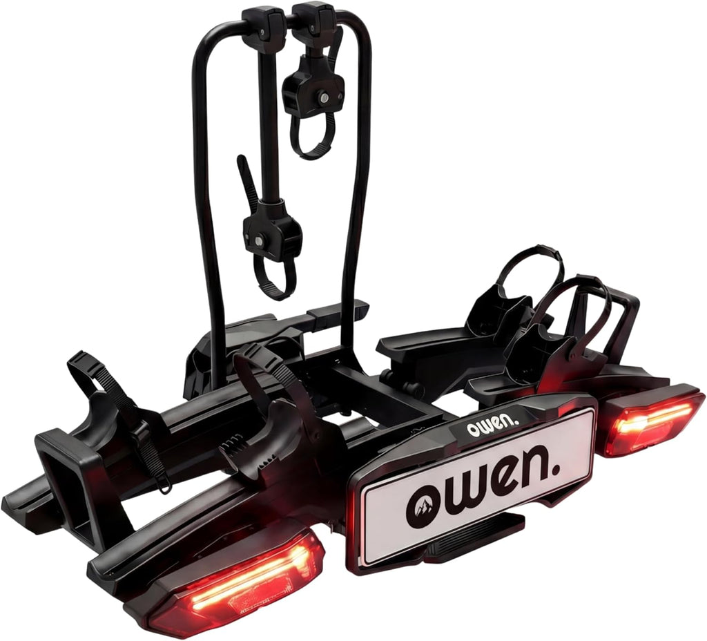 Owen E-Bike Fahrradträger Anhängerkupplung | 60kg Last | Abklappbar & Faltbar | Für 2 Fahrräder bis 70mm Reifenbreite | 1350mm Radstand | Gummierte Halter | Abschließbar