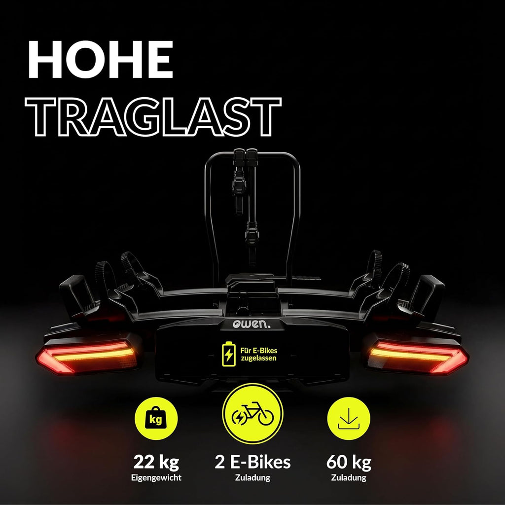 Owen E-Bike Fahrradträger Anhängerkupplung | 60kg Last | Abklappbar & Faltbar | Für 2 Fahrräder bis 70mm Reifenbreite | 1350mm Radstand | Gummierte Halter | Abschließbar
