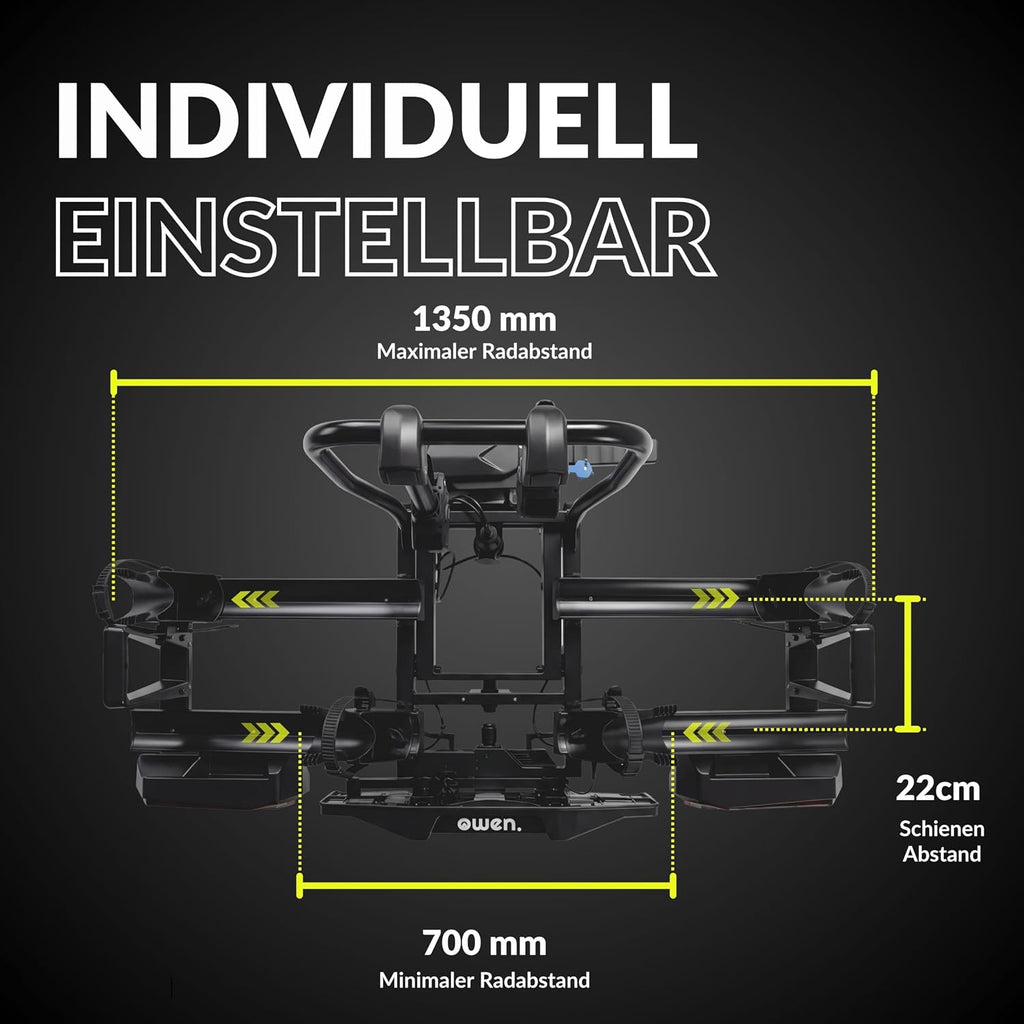 Owen E-Bike Fahrradträger Anhängerkupplung | 60kg Last | Abklappbar & Faltbar | Für 2 Fahrräder bis 70mm Reifenbreite | 1350mm Radstand | Gummierte Halter | Abschließbar