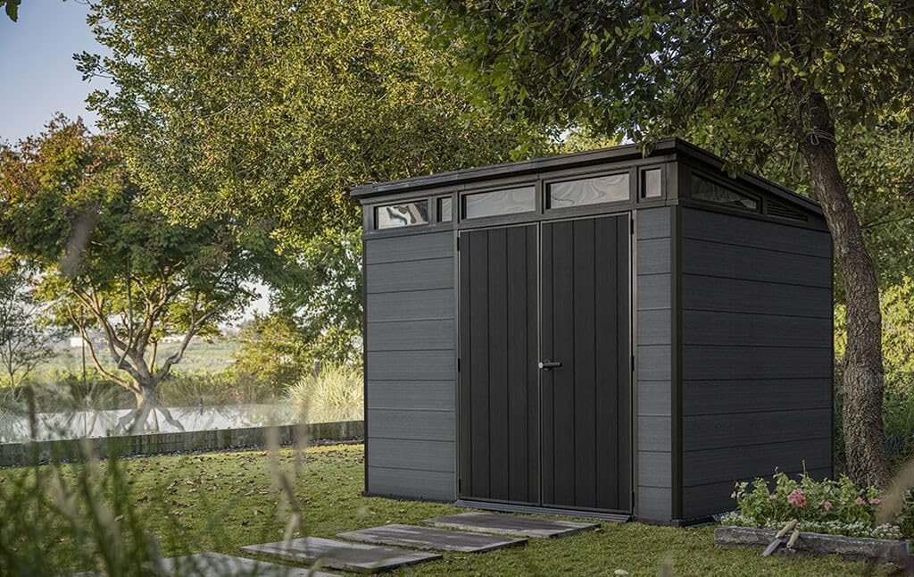 Keter Cortina 9x7 Gerätehaus mit Boden, wetterfest und UV-beständig, doppelwandig mit Stahlrahmen, Pultdach und Belüftung, 279 x 218 cm, grau