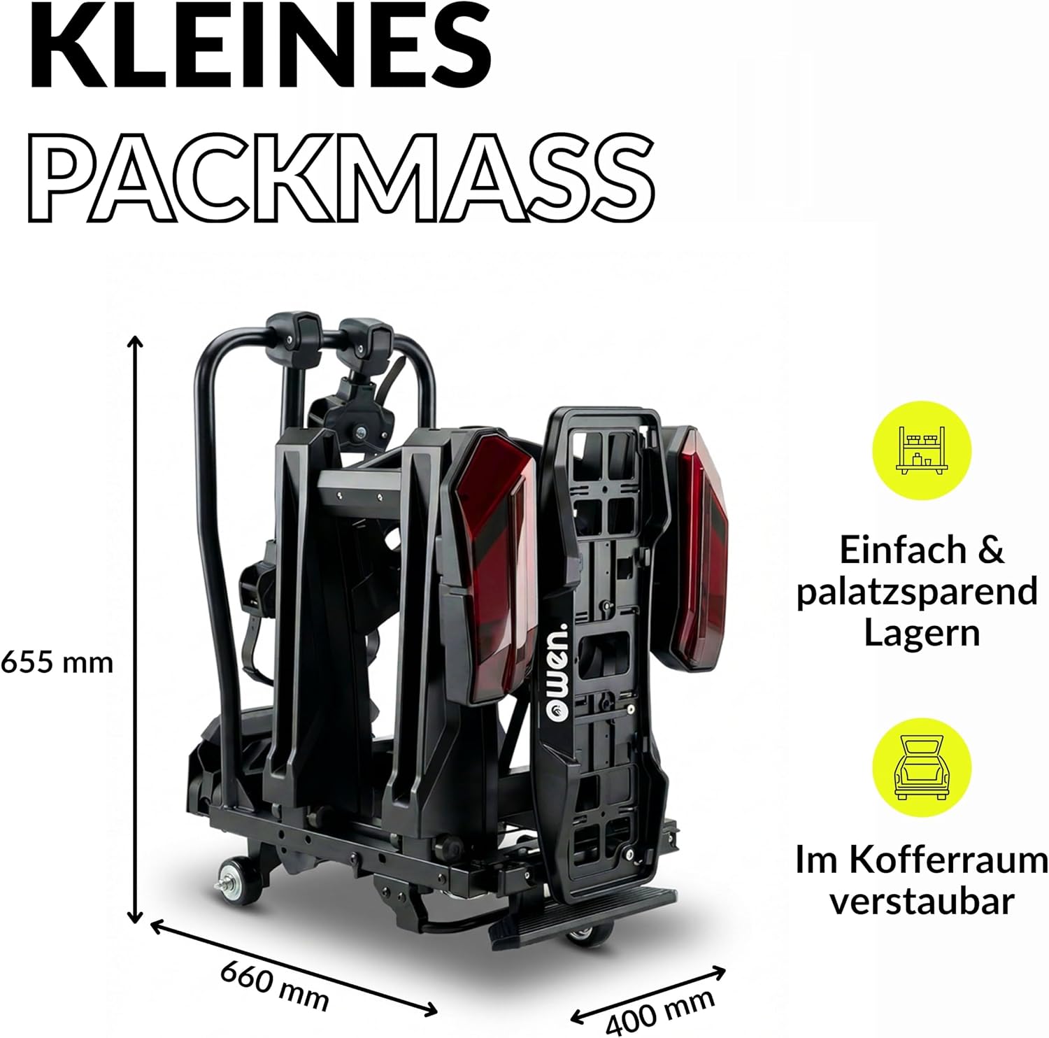 Owen E-Bike Fahrradträger Anhängerkupplung | 60kg Last | Abklappbar & Faltbar | Für 2 Fahrräder bis 70mm Reifenbreite | 1350mm Radstand | Gummierte Halter | Abschließbar