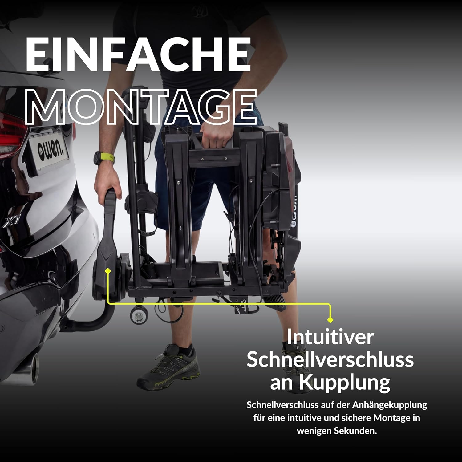 Owen E-Bike Fahrradträger Anhängerkupplung | 60kg Last | Abklappbar & Faltbar | Für 2 Fahrräder bis 70mm Reifenbreite | 1350mm Radstand | Gummierte Halter | Abschließbar