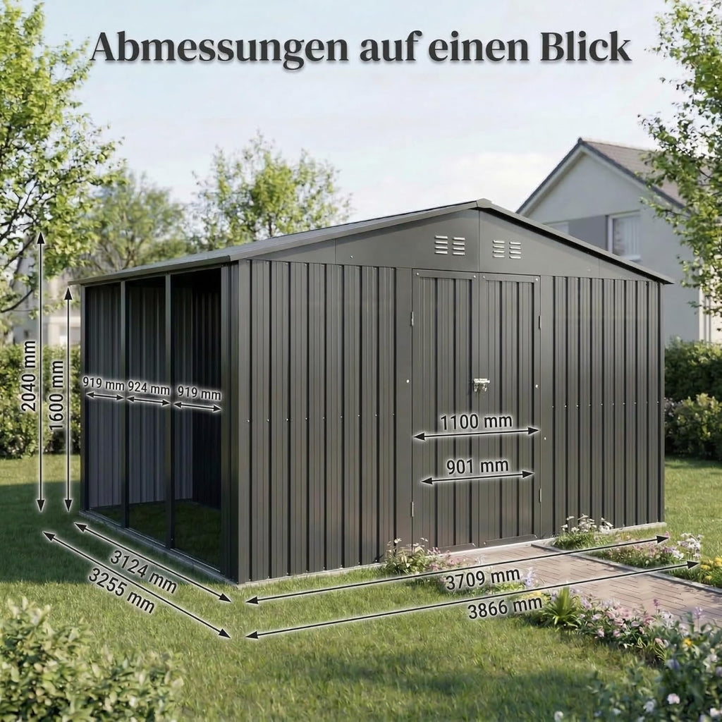 Albatros Tool Shed 4XL RAL7016 | 387 x 326 x 204 cm, 25.7 m³, Lockable | Garden shed with window, wooden shelter, incl. Lock & Tool Hook, Galvanised Metal, Weatherproof, Anthracite, Durable
