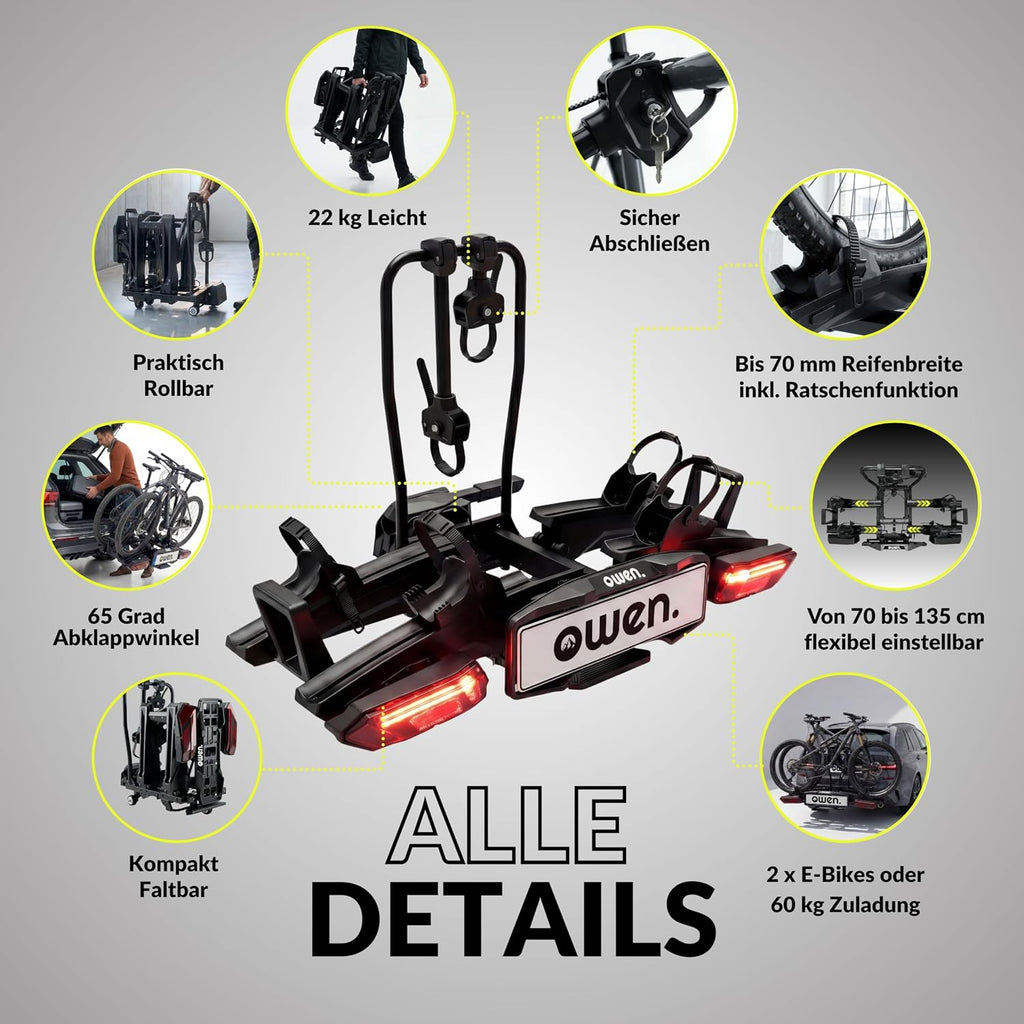 Owen E-Bike Fahrradträger Anhängerkupplung | 60kg Last | Abklappbar & Faltbar | Für 2 Fahrräder bis 70mm Reifenbreite | 1350mm Radstand | Gummierte Halter | Abschließbar