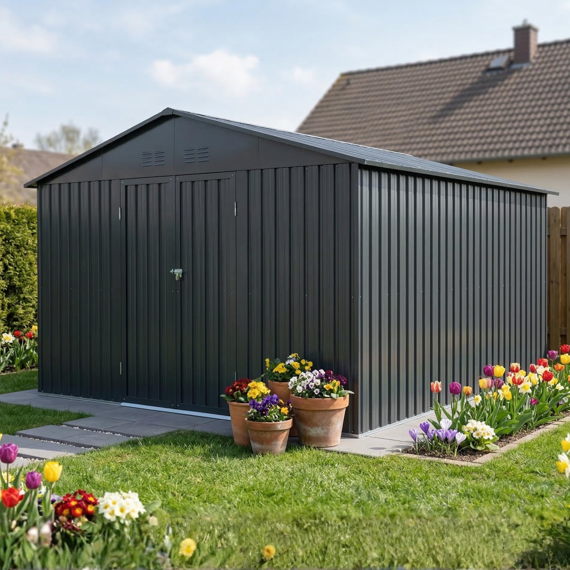 Albatros Tool Shed 4XL RAL7016 | 387 x 326 x 204 cm, 25.7 m³, Lockable | Garden shed with window, wooden shelter, incl. Lock & Tool Hook, Galvanised Metal, Weatherproof, Anthracite, Durable