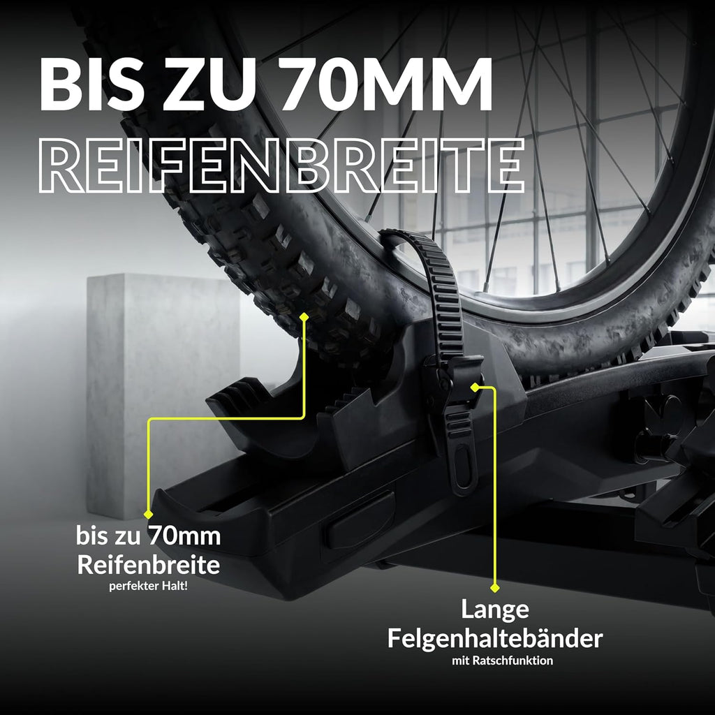 Owen E-Bike Fahrradträger Anhängerkupplung | 60kg Last | Abklappbar & Faltbar | Für 2 Fahrräder bis 70mm Reifenbreite | 1350mm Radstand | Gummierte Halter | Abschließbar