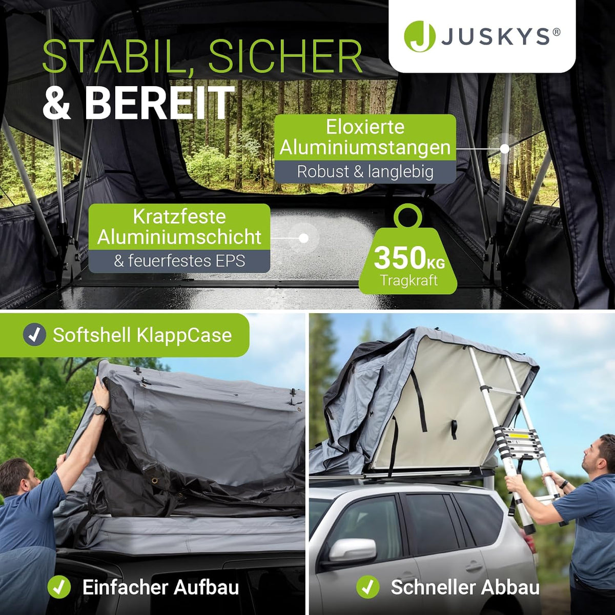 Juskys Autodachzelt Lago - Robuste Konstruktion, wasserabweisend & UV-Schutz, Autodachzelt, Camping, LED-Beleuchtung