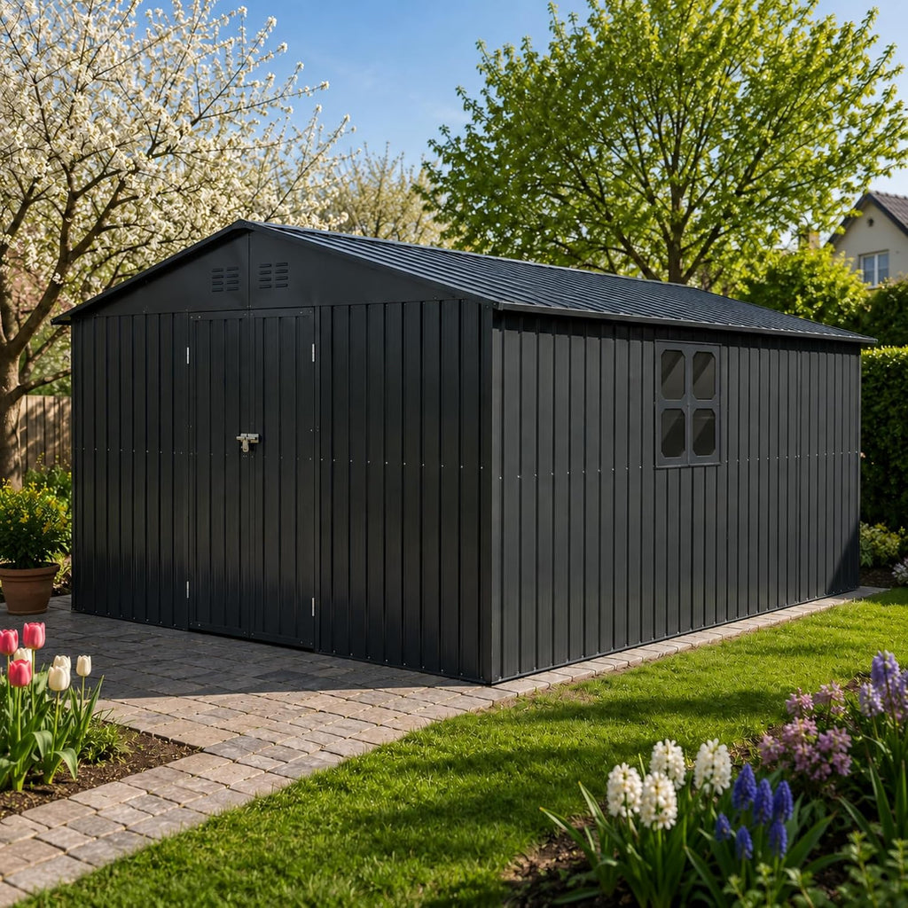 Albatros Tool Shed 4XL RAL7016 | 387 x 326 x 204 cm, 25.7 m³, Lockable | Garden shed with window, wooden shelter, incl. Lock & Tool Hook, Galvanised Metal, Weatherproof, Anthracite, Durable