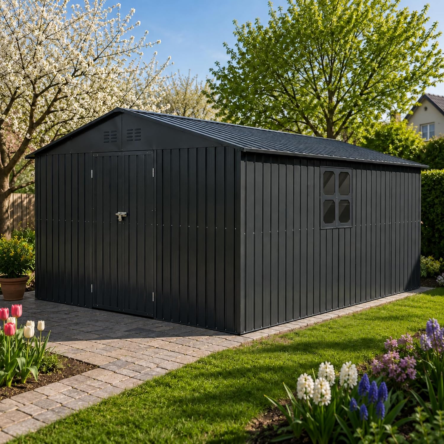 Albatros Tool Shed 4XL RAL7016 | 387 x 326 x 204 cm, 25.7 m³, Lockable | Garden shed with window, wooden shelter, incl. Lock & Tool Hook, Galvanised Metal, Weatherproof, Anthracite, Durable