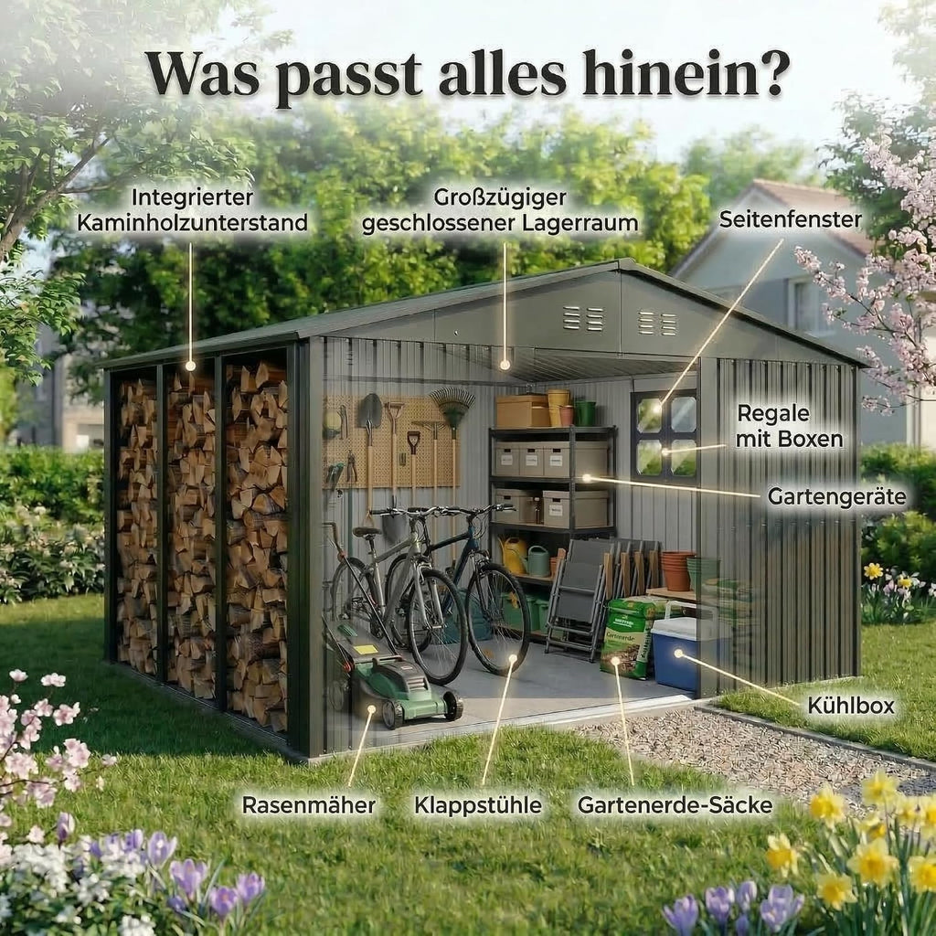 Albatros Tool Shed 4XL RAL7016 | 387 x 326 x 204 cm, 25.7 m³, Lockable | Garden shed with window, wooden shelter, incl. Lock & Tool Hook, Galvanised Metal, Weatherproof, Anthracite, Durable