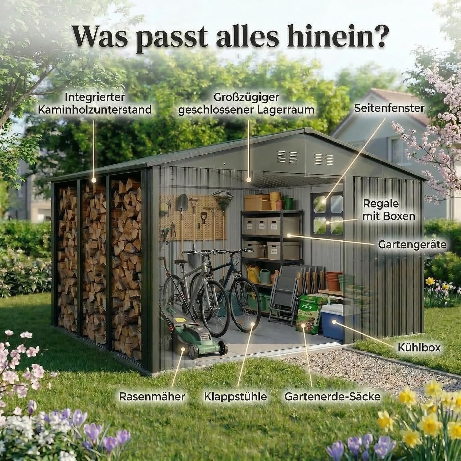 Albatros Tool Shed 4XL RAL7016 | 387 x 326 x 204 cm, 25.7 m³, Lockable | Garden shed with window, wooden shelter, incl. Lock & Tool Hook, Galvanised Metal, Weatherproof, Anthracite, Durable