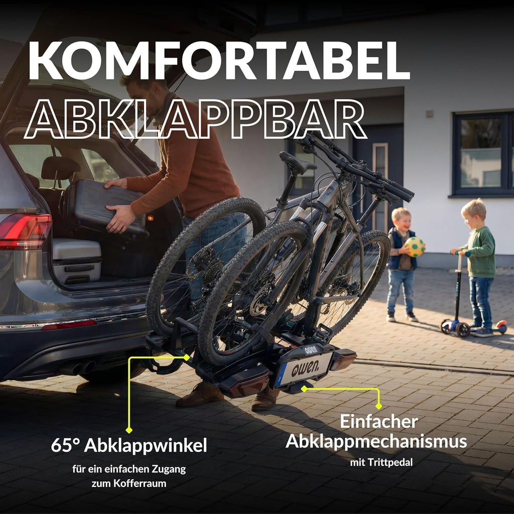 Owen E-Bike Fahrradträger Anhängerkupplung | 60kg Last | Abklappbar & Faltbar | Für 2 Fahrräder bis 70mm Reifenbreite | 1350mm Radstand | Gummierte Halter | Abschließbar
