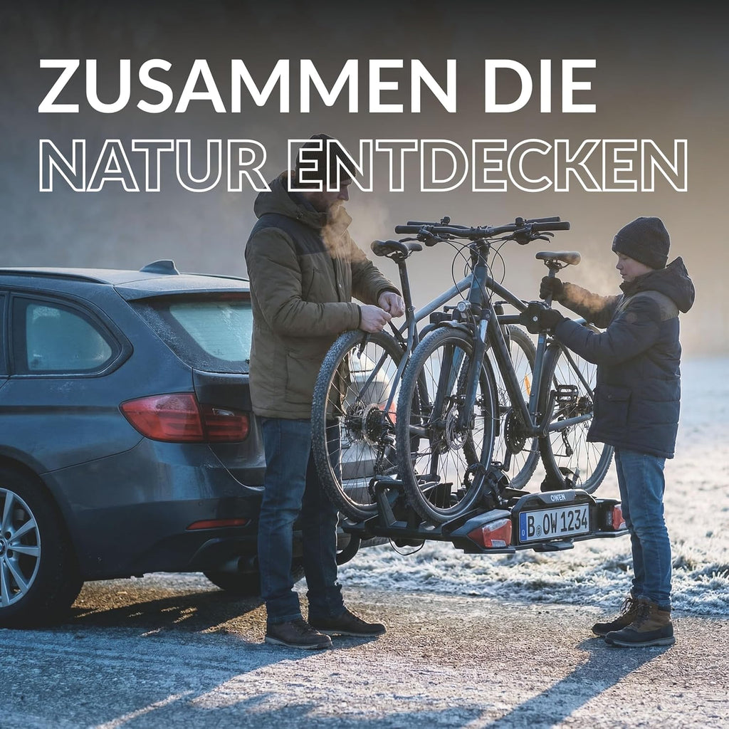 Owen E-Bike Fahrradträger Anhängerkupplung | 60kg Last | Abklappbar & Faltbar | Für 2 Fahrräder bis 70mm Reifenbreite | 1350mm Radstand | Gummierte Halter | Abschließbar