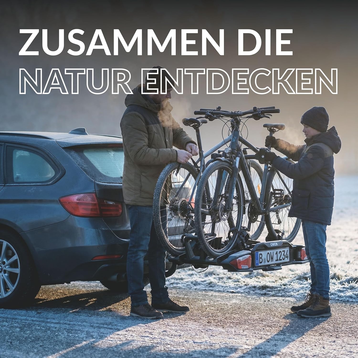 Owen E-Bike Fahrradträger Anhängerkupplung | 60kg Last | Abklappbar & Faltbar | Für 2 Fahrräder bis 70mm Reifenbreite | 1350mm Radstand | Gummierte Halter | Abschließbar